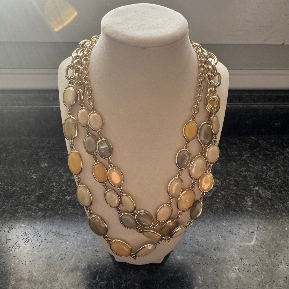 Vintage Talbots Multi Layered Gemmed Necklace Gold Toned with Neutral Gems Stack